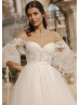 Off Shoulder Beaded Ivory Lace Tulle Wedding Dress With Detachable Sleeves Off Shoulder Beaded Ivory Lace Tulle Wedding Dress With Detachable Sleeves